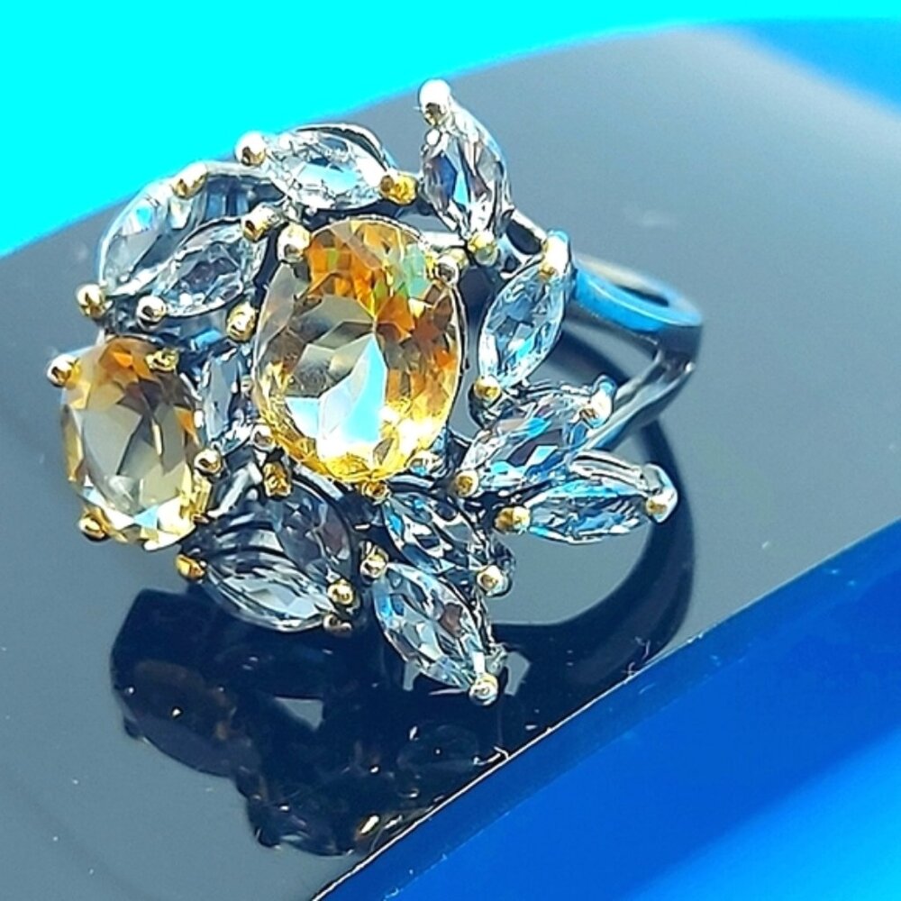Natural Citrine &Topaz 925 Sterling Silver‎ Ring Sz 7